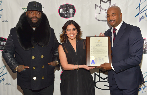 Rick Ross, Dina Marto, and Kwanza Hall attend Proclamation Ceremony & Toast For Twelve Studios at Twelve Studios on February 16, 2015 in Atlanta, Georgia.  (Photo by Paras Griffin/Getty Images)