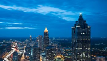 USA, Georgia, Atlanta, Cityscape with skyscrapers at dusk