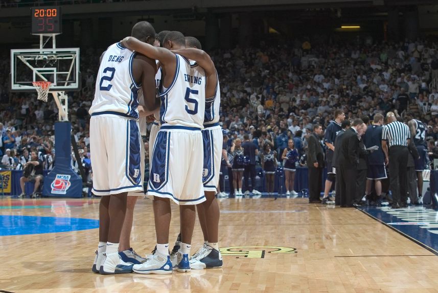 28 March 2004: The Duke Blue Devils huddle during their 66-63 victory over the Xavier Musketeers in the Elite 8 of the NCAA Tournament at the Georgia Dome in Atlanta, GA.