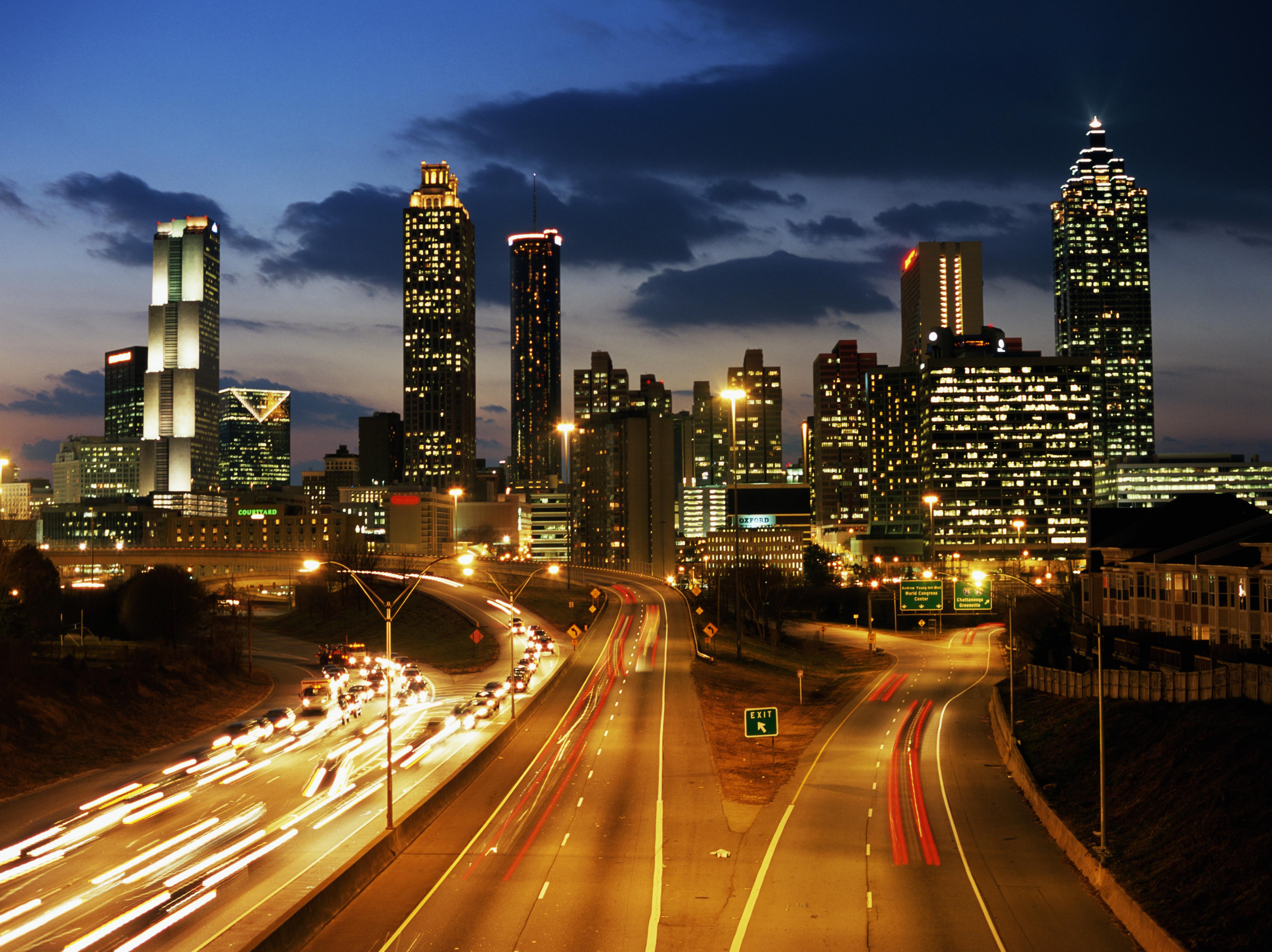 USA, Georgia, Atlanta skyline, dusk (long exposure)
