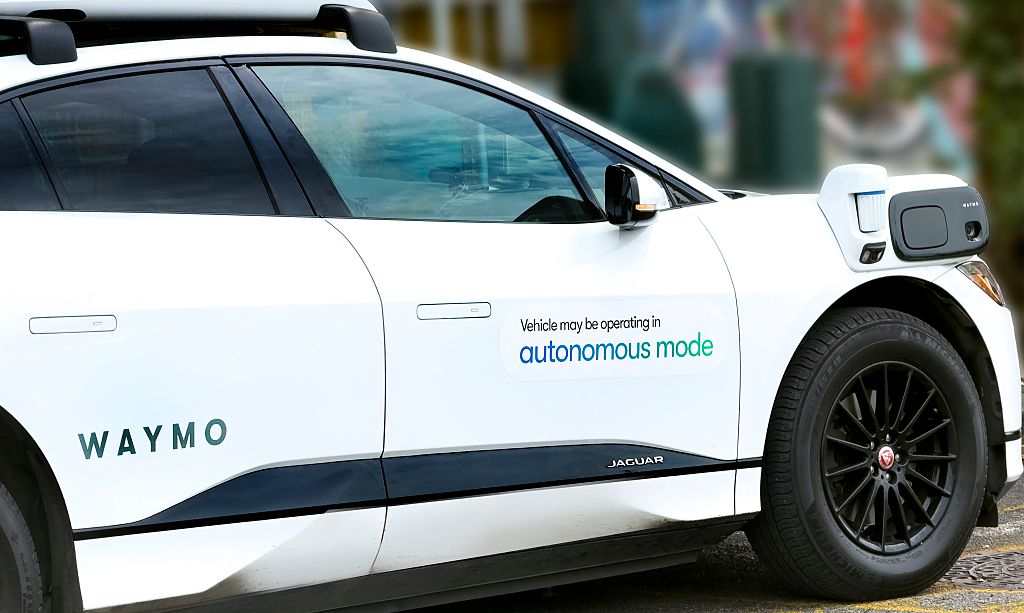 Waymo driverless test car, a Jaguar I-PACE electric vehicle, Meatpacking District, Manhattan, New York City, New York, USA