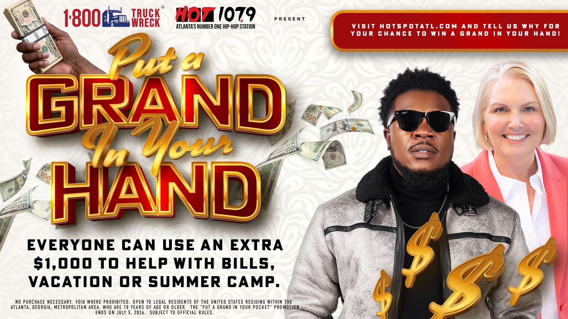A promotional image for a radio station contest offering a "Grand in Your Hand" cash prize. The image features a person holding cash and two people, one wearing sunglasses and the other smiling.