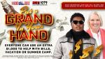 A promotional image for a radio station contest offering a "Grand in Your Hand" cash prize. The image features a person holding cash and two people, one wearing sunglasses and the other smiling.