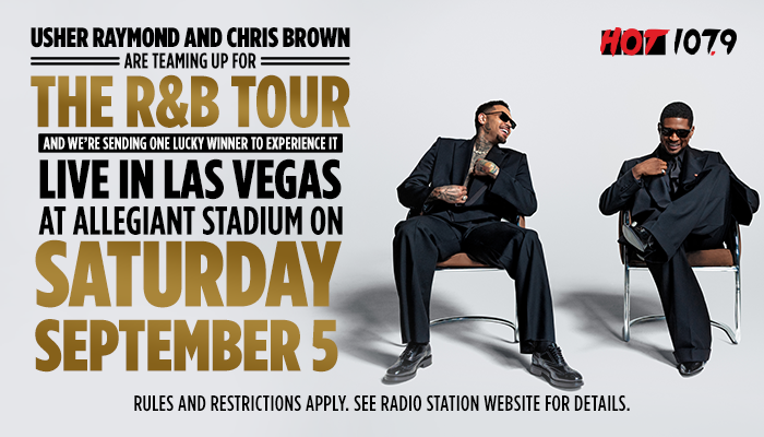 Usher Raymond and Chris Brown seated together, promoting their R&B tour and a chance to win a trip to see them perform live in Las Vegas on September 5.