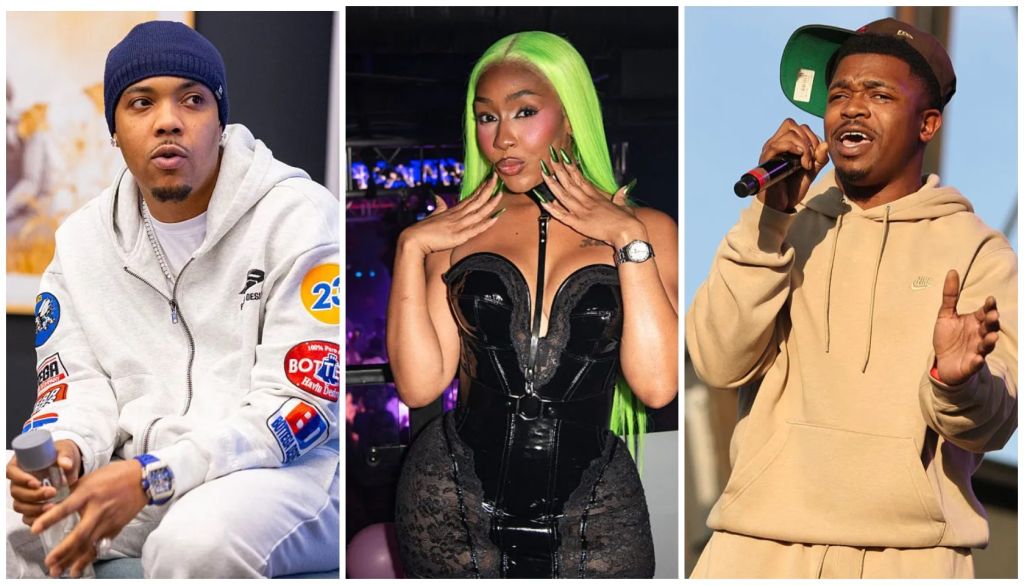 Three individuals in performance attire: a man in a white hooded sweatshirt, a woman with neon green hair in a black corset, and a man in a beige hoodie singing into a microphone.