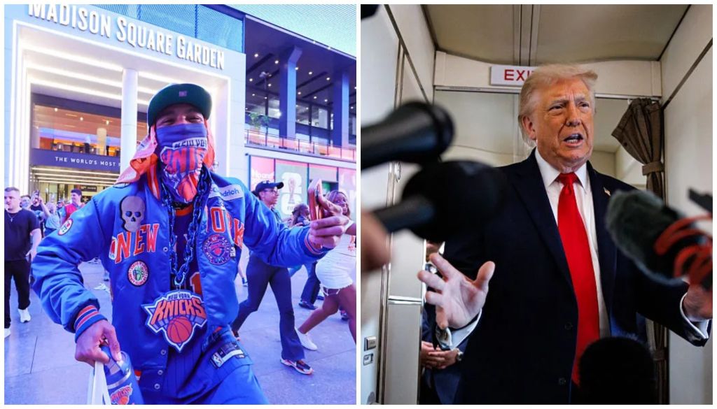 A person wearing a blue jacket with "KNICKS" and other patches stands in front of Madison Square Garden. A man in a suit and red tie gestures while speaking into a microphone on an airplane.