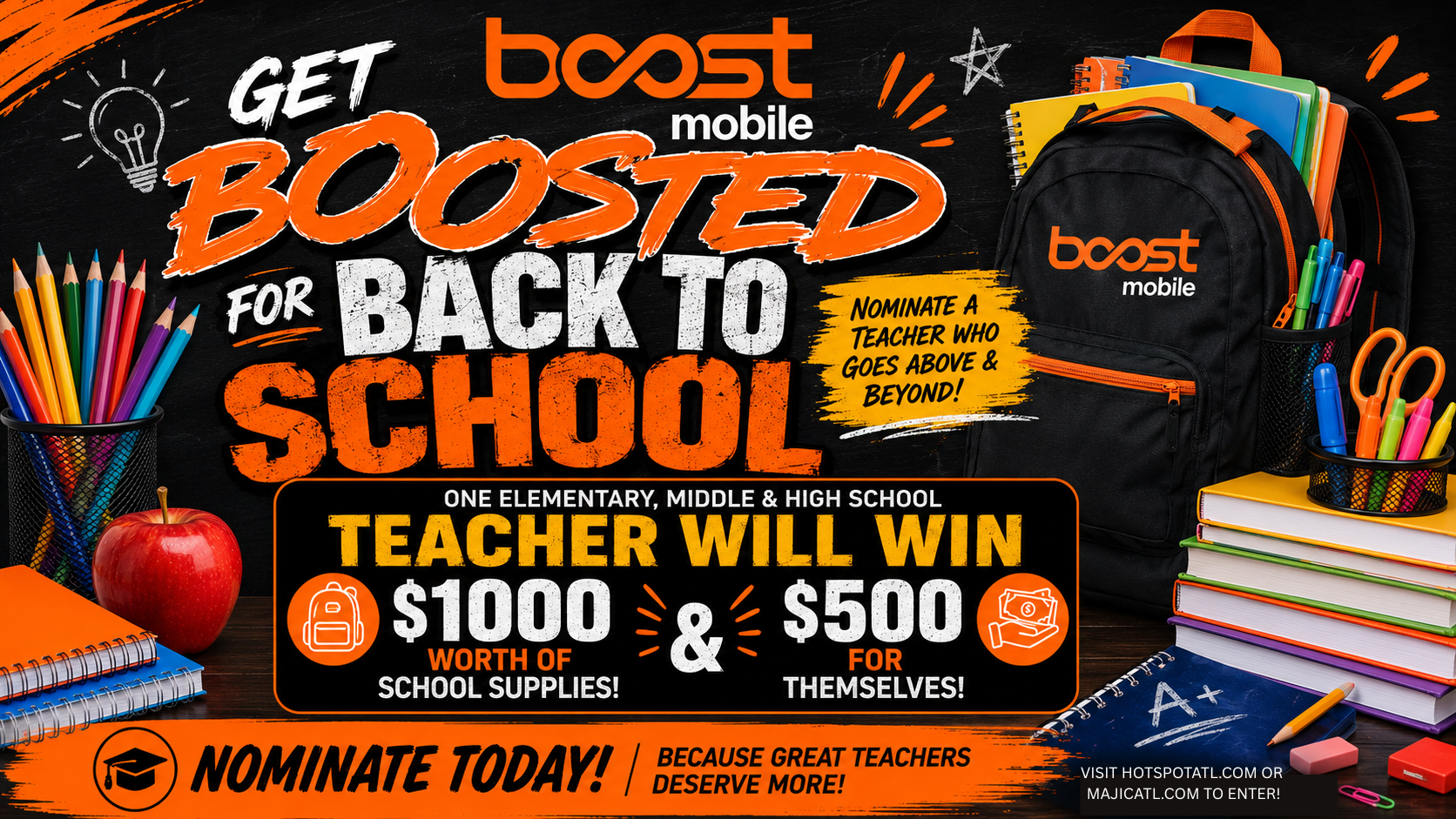 Colorful back-to-school promotion for Boost Mobile, featuring school supplies, a backpack, and text offering $1000 in school supplies and $500 for a teacher.