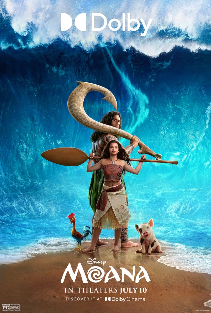 A woman and a man stand on a beach, holding a large wooden oar. Behind them is a stormy ocean with crashing waves. The Disney logo and "Moana" text are visible.