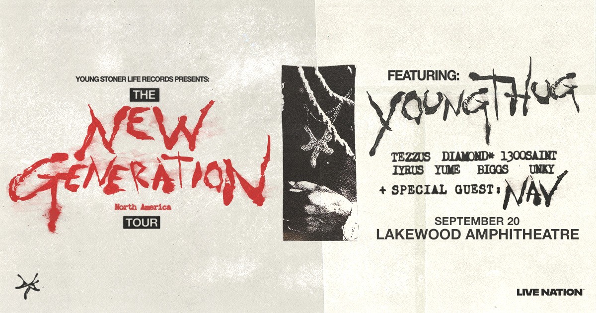 Poster for "The New Generation" North America tour, featuring Young Thug, Teezo Touchdown, Lyrus Yume, Biggs, Unky, and special guest Nav, at Lakewood Amphitheatre on September 20.
