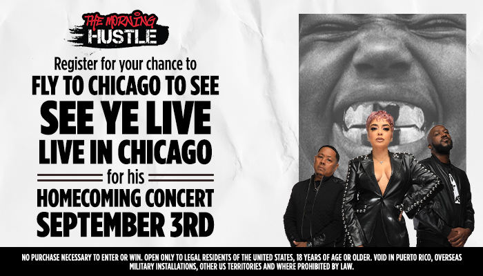 The Morning Hustle logo and text promoting a chance to see "See Ye Live" perform at a homecoming concert in Chicago on September 3rd.