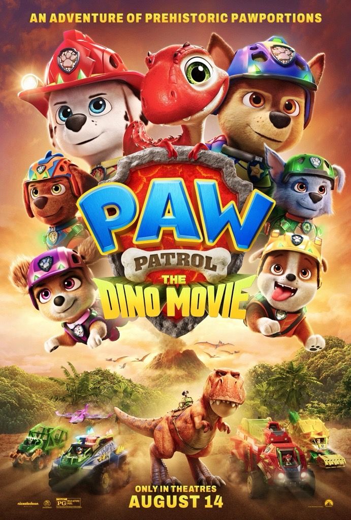 Colorful poster for "PAW Patrol: The Dino Movie" featuring the PAW Patrol pups in prehistoric adventure.