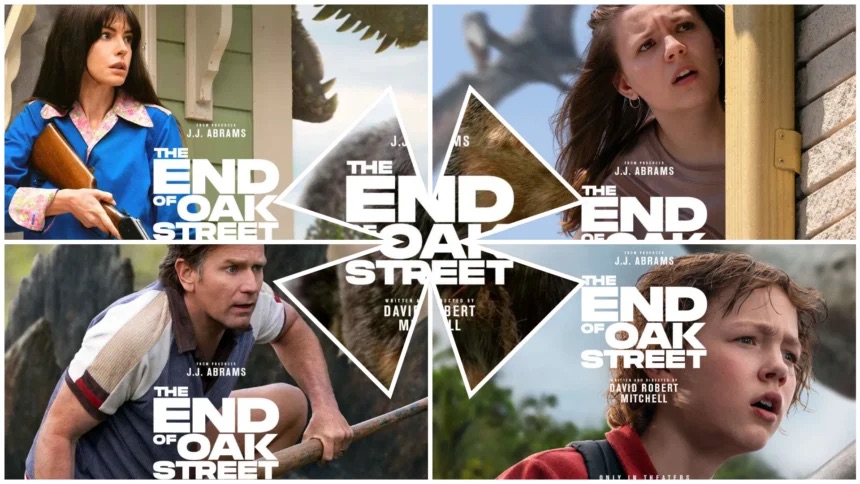 Collage of movie posters for "The End of Oak Street" featuring several people in different scenes and poses.