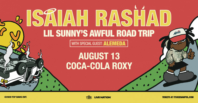Poster for Isaiah Rashad's "Lil Sunny's Awful Road Trip" concert with Coca-Cola Roxy venue and Alemeda as special guest, on August 13.