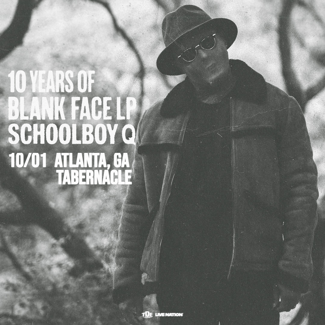 A person wearing a hat and coat stands in a snowy outdoor setting. The text on the image reads "10 YEARS OF BLANK FACE LP SCHOOLBOY Q 10/01 ATLANTA, GA TABERNACLE".