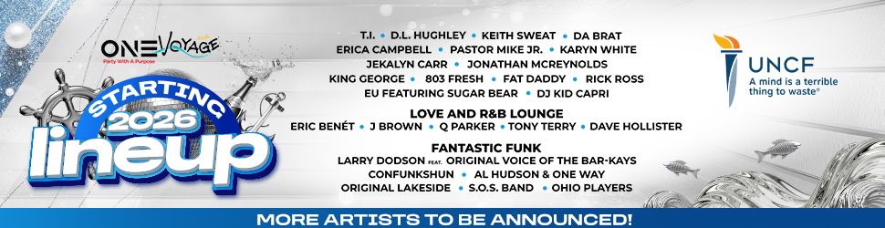 One Voyage music festival lineup poster featuring artists like T.I., D.L. Hughley, Keith Sweat, Da Brat, and UNCF logo.