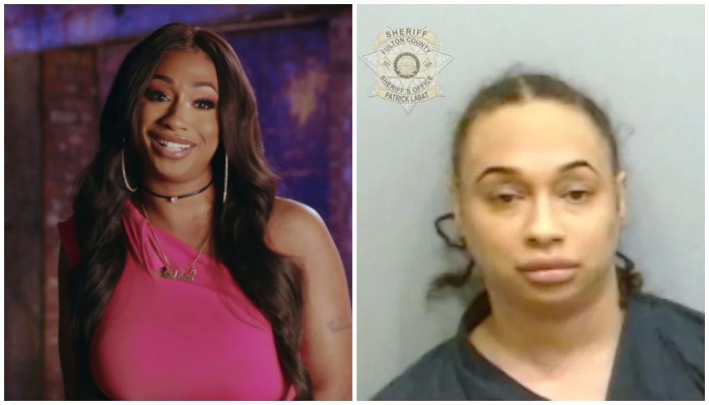 Two images side-by-side: A smiling woman in a pink top, and a mugshot of a woman with a serious expression.
